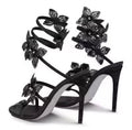 Sandales à Talons Hauts – Fleur en Cristal & Bride Fine à la Cheville