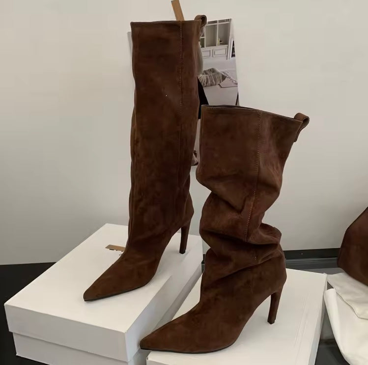 Bottes femme hiver à bout pointu, genou-haut, talon fin