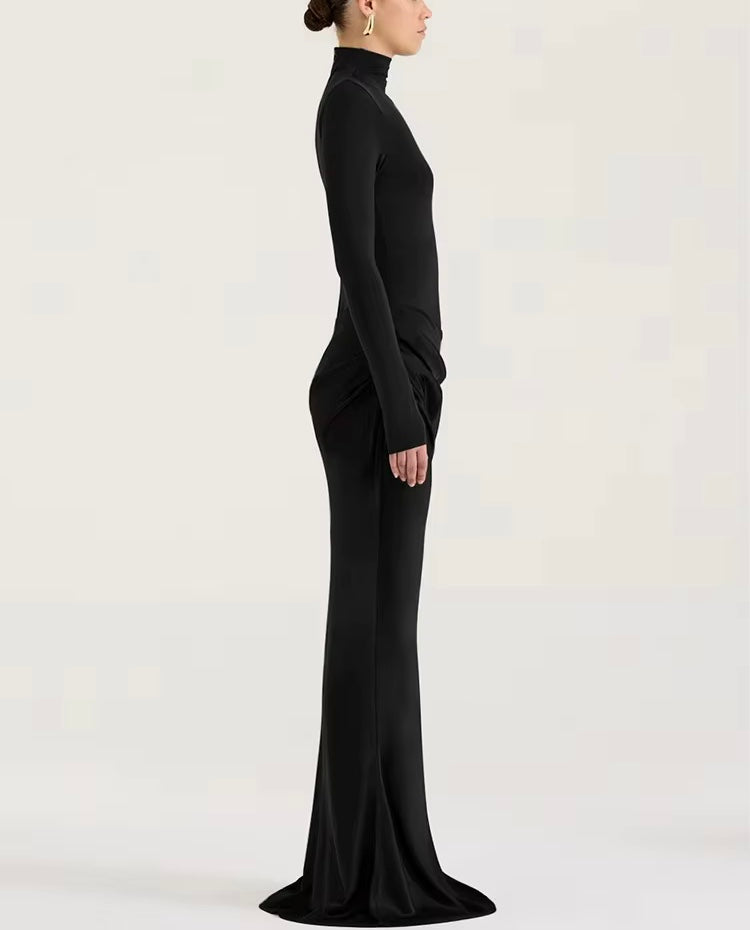 Robe Maxi Satinée Noire – Taille Haute, Sexy & Élégante JULISSA MO