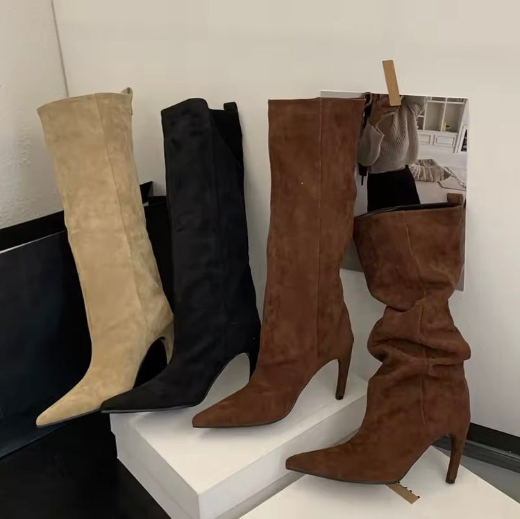 Bottes femme hiver à bout pointu, genou-haut, talon fin
