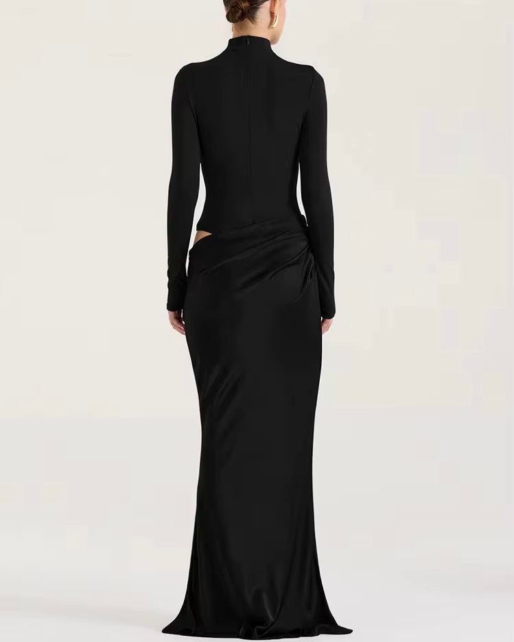 Robe Maxi Satinée Noire – Taille Haute, Sexy & Élégante JULISSA MO