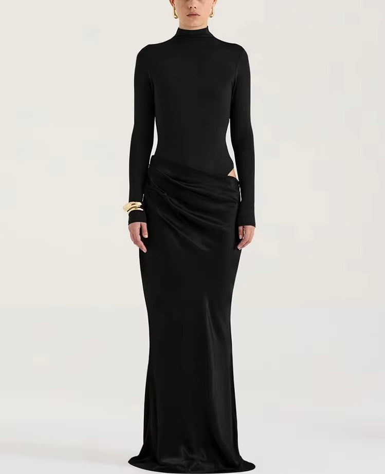 Robe Maxi Satinée Noire – Taille Haute, Sexy & Élégante JULISSA MO