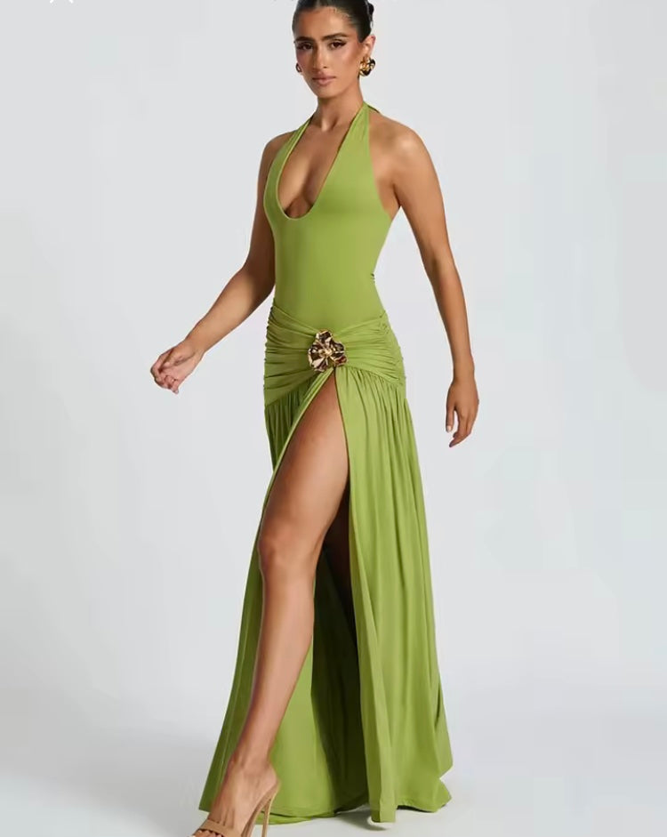 Ensemble Maxi Élégant Dos Nu – Haut Froncé & Jupe Fendue Mozision