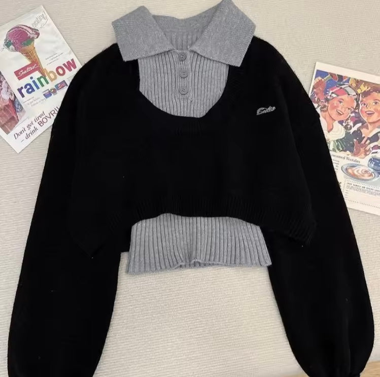 Ensemble Tricoté 3 Pièces Style Coréen – Pull Court & Mini Jupe Rétro