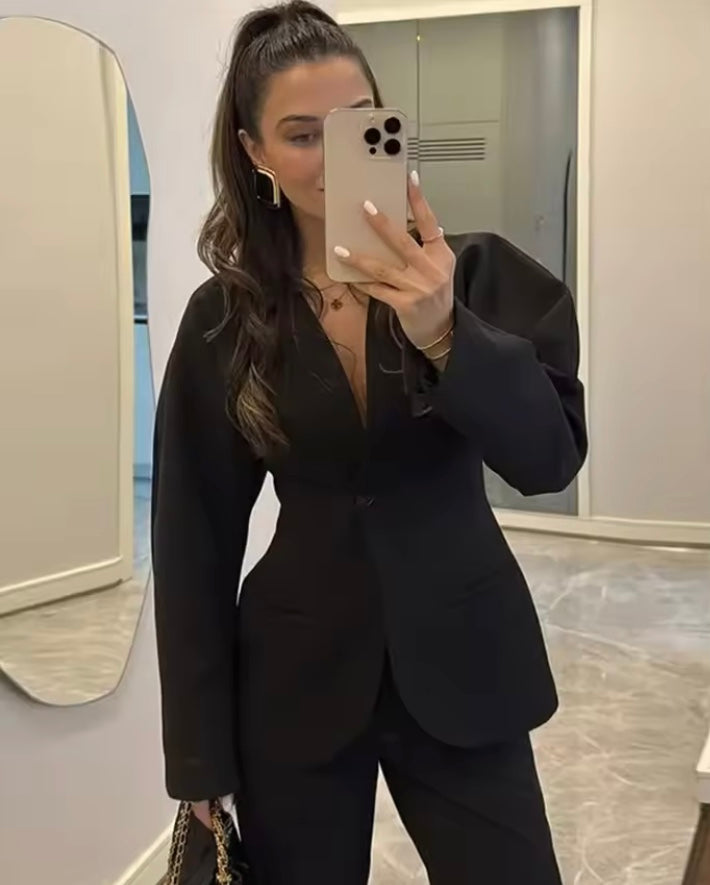 Ensemble Blazer Élégant à Col V pour Femme – Chic & Moderne