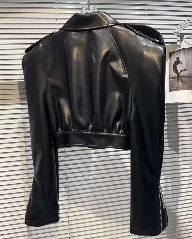 Veste Streetwear Femme – Manteau Noir à Poche en Simili Cuir