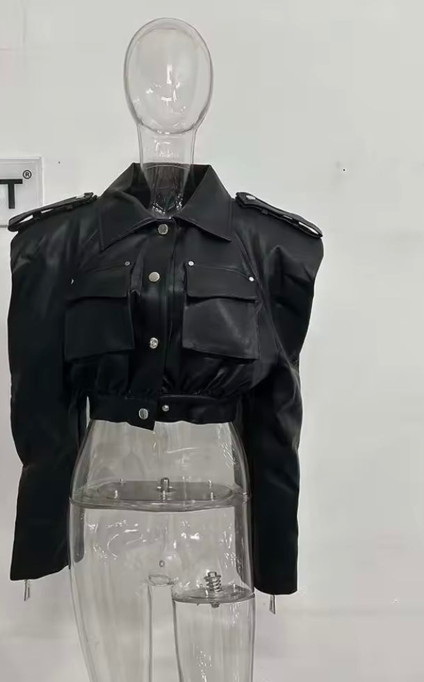 Veste Streetwear Femme – Manteau Noir à Poche en Simili Cuir