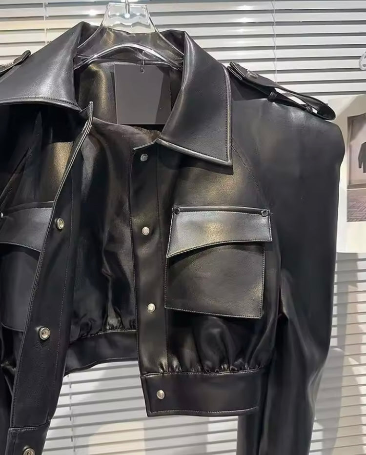 Veste Streetwear Femme – Manteau Noir à Poche en Simili Cuir