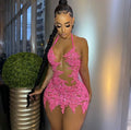 Robe de Bal Courte Rose Fait Main à Col Perlée – Cocktail & Fête 2025