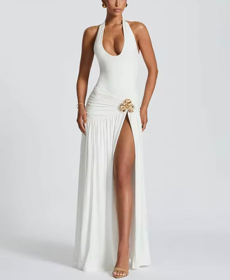 Ensemble Maxi Élégant Dos Nu – Haut Froncé & Jupe Fendue Mozision