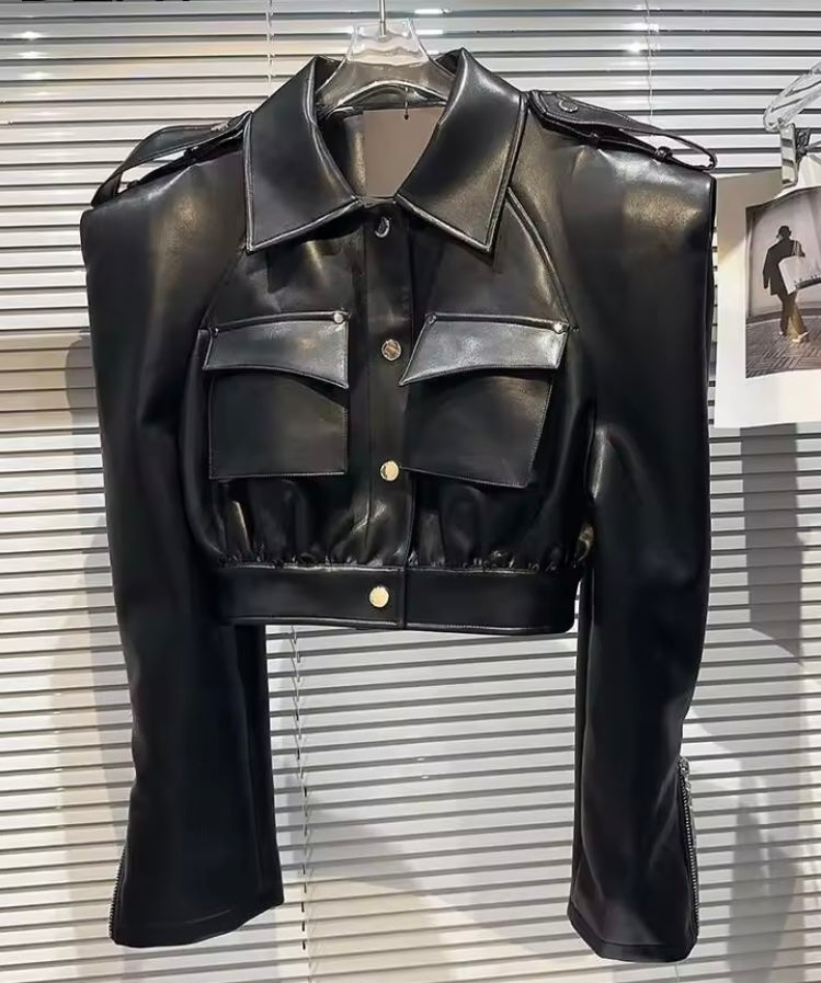 Veste Streetwear Femme – Manteau Noir à Poche en Simili Cuir