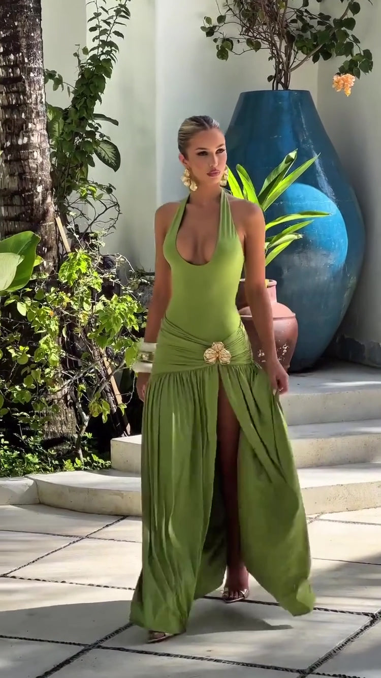 Ensemble Maxi Élégant Dos Nu – Haut Froncé & Jupe Fendue Mozision