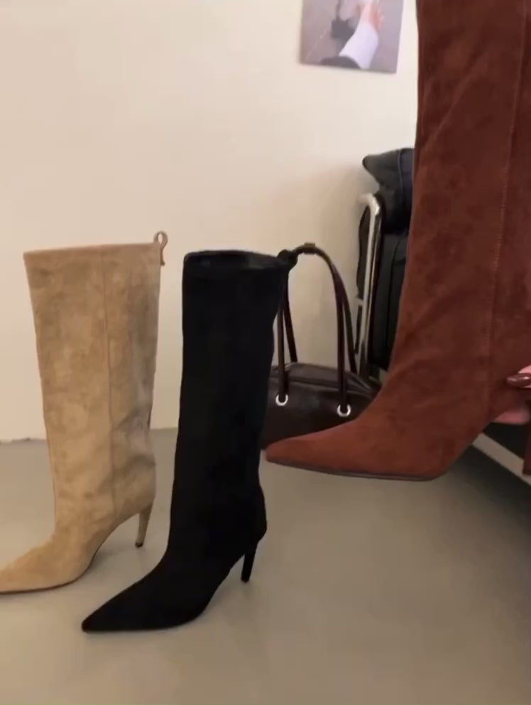 Bottes femme hiver à bout pointu, genou-haut, talon fin